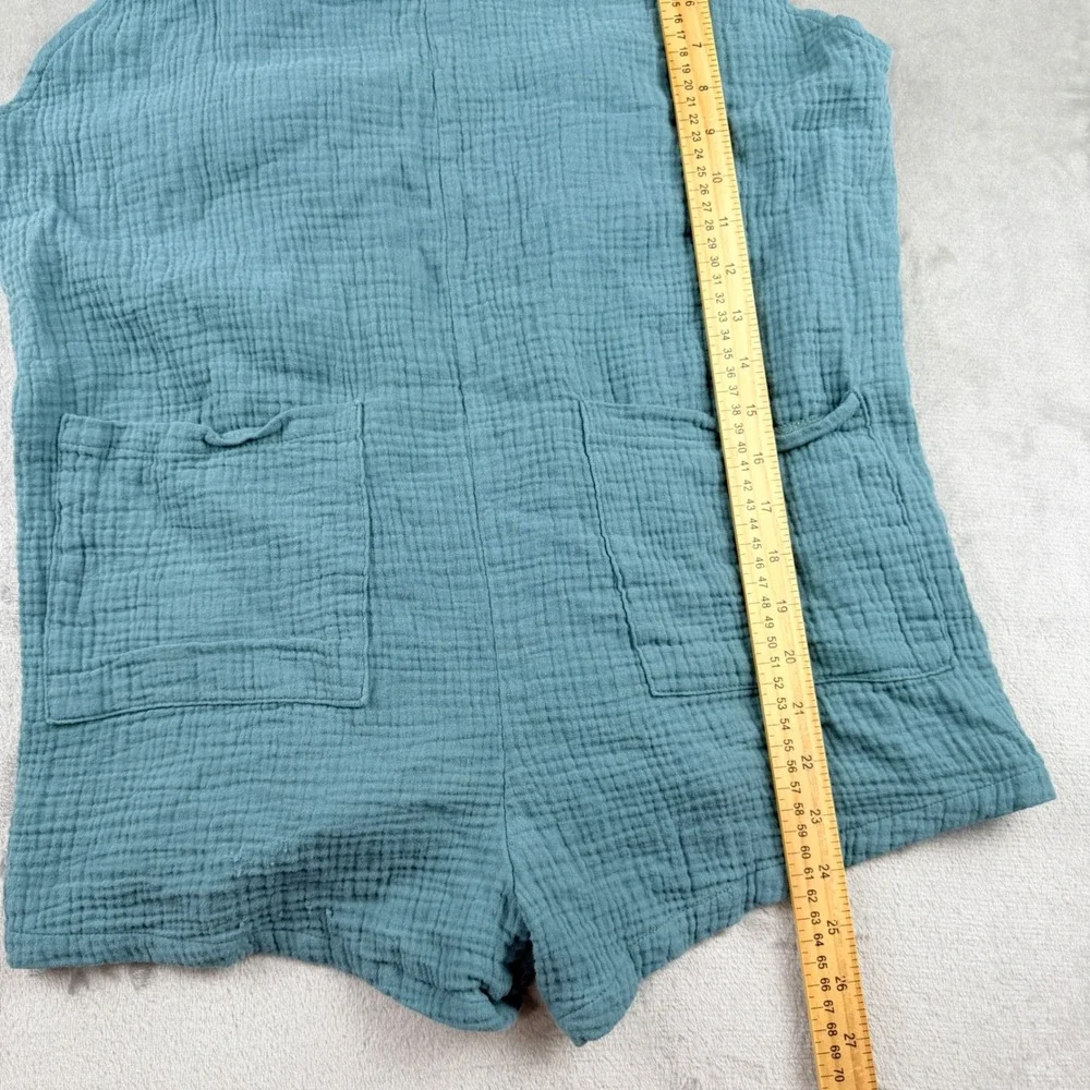 Women's Small Teal Blue Cotton Gauze Romper Tie Shoulder Pocket Jumpsuit